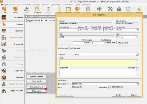 Előleg számla elkészítése