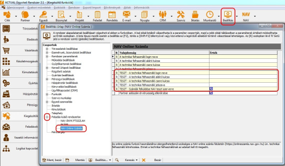 TESZT beállítások