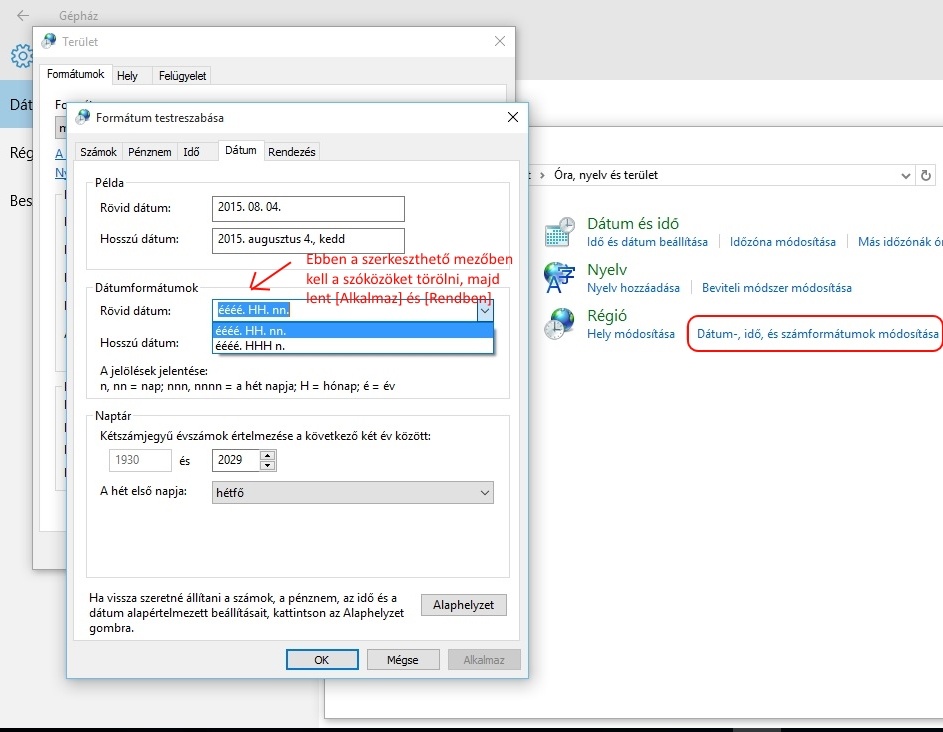 Windows 10 dátumformátum módosítása